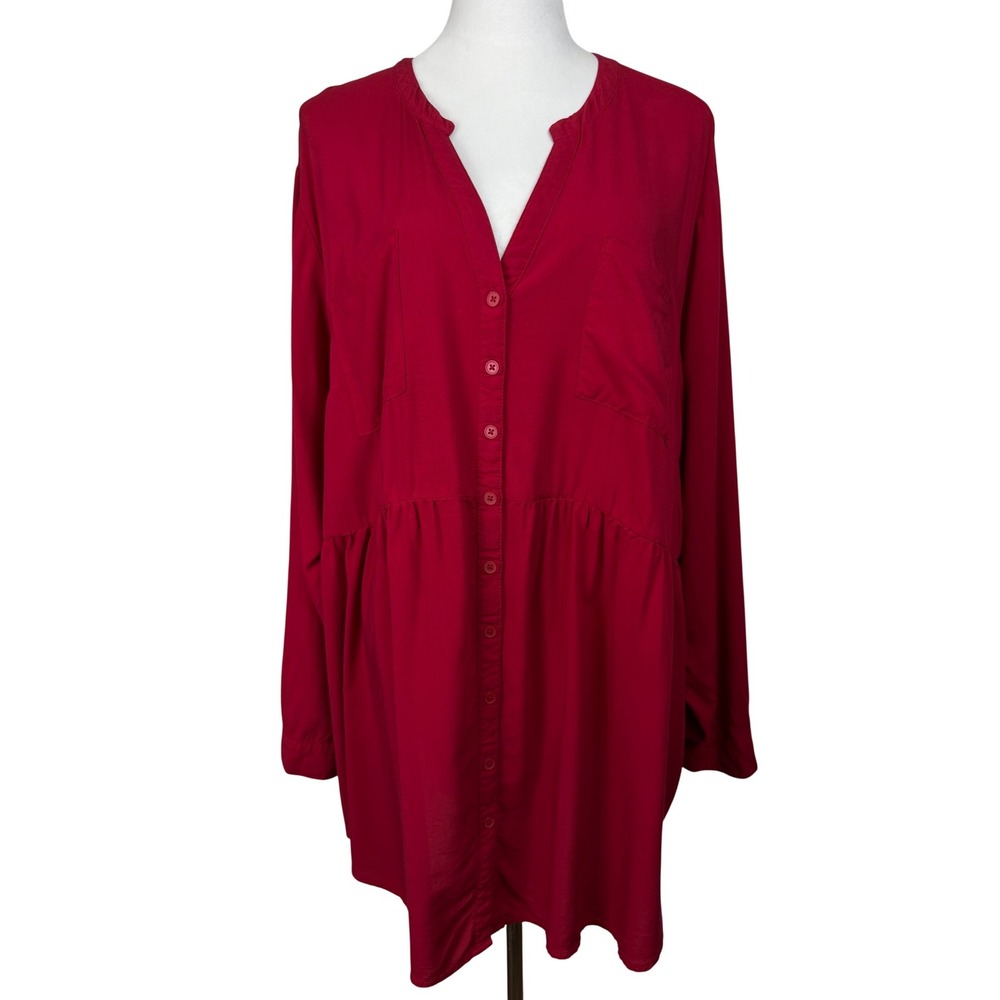 Torrid Babydoll Tunic Blouse Womens 3 Red Long Sleeve Button Front Pocket‎ Tunic